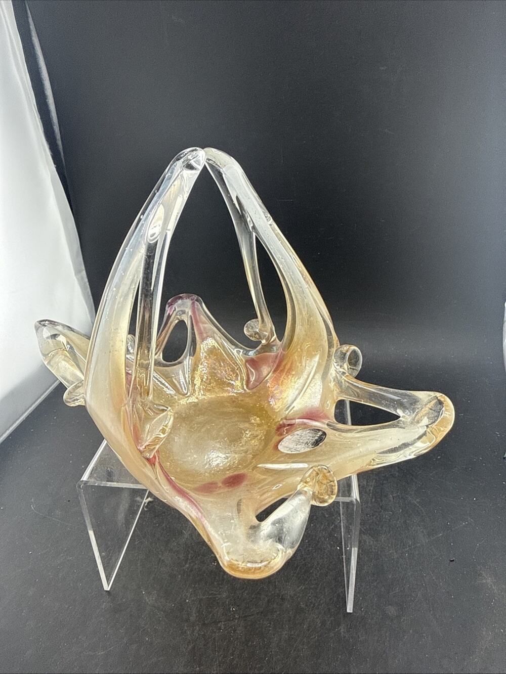 Vintage Murano Lavorazione Arte Glass Basket Starfish Bowl Swirl Italy MCM Label